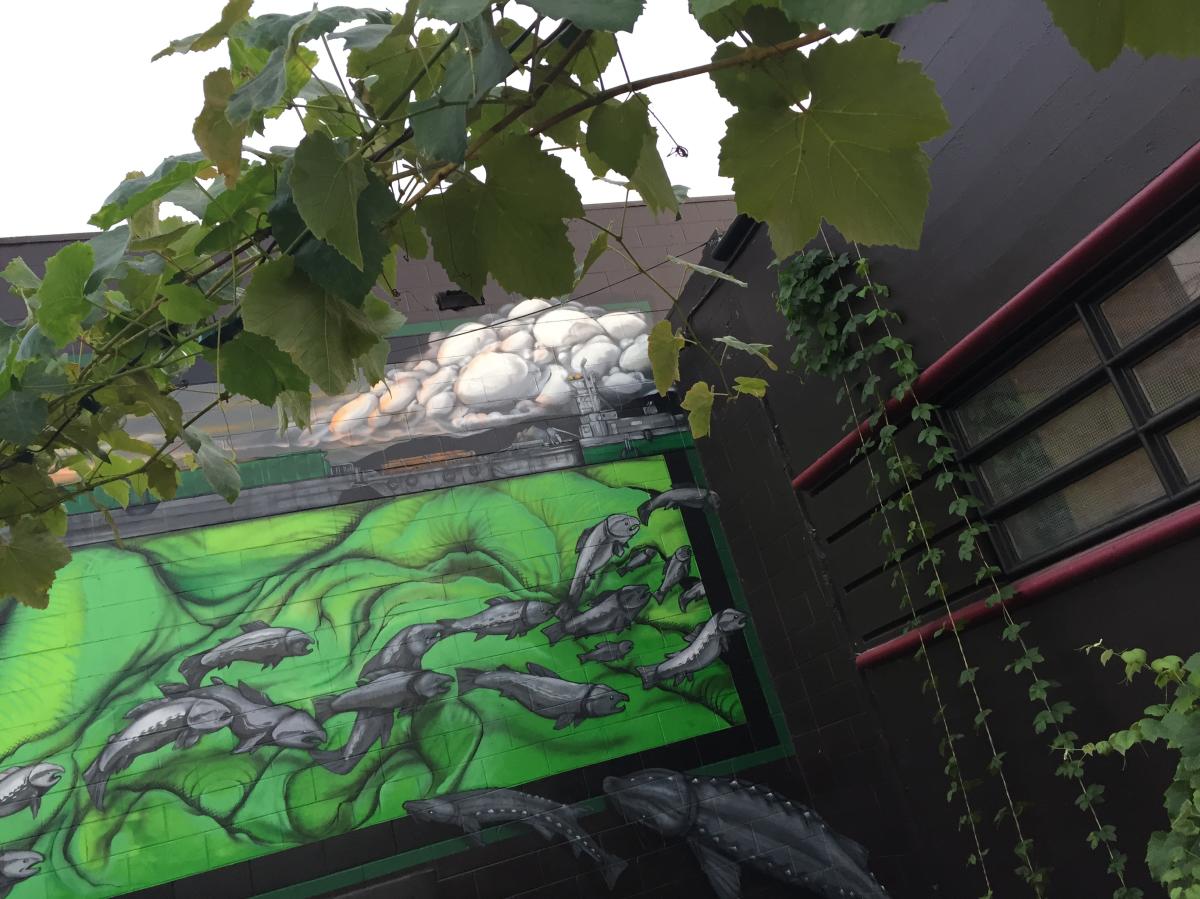 Mural on Cellar 55's outdoor patio with foliage