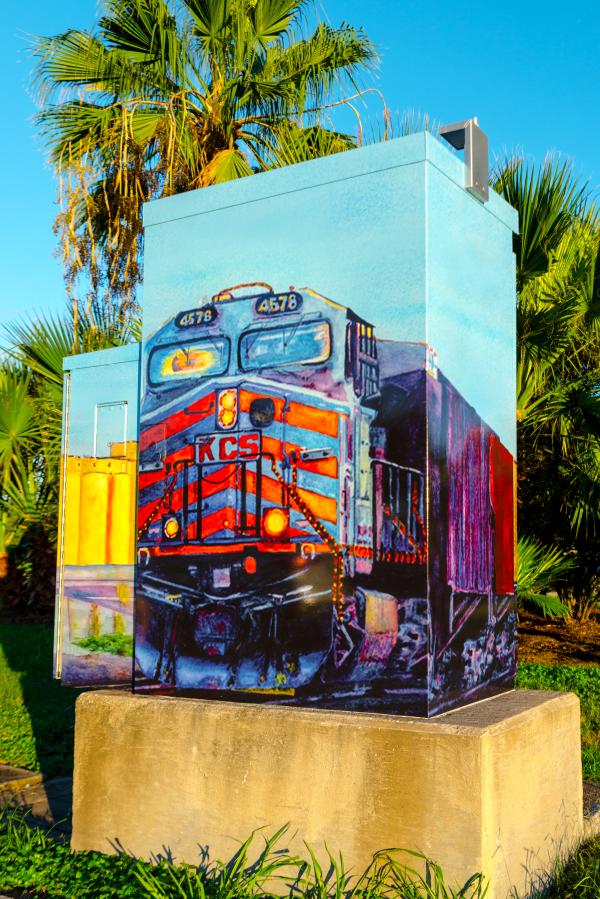 Traffic box showcasing the importance the railroads had on Sugar Land's development.