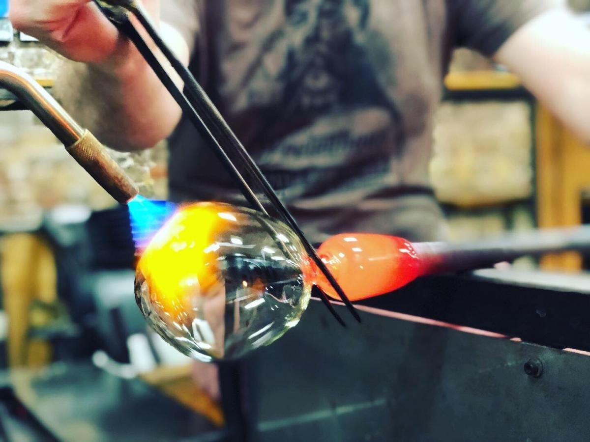 Glass blowing in action at Pretentious Glass Co.