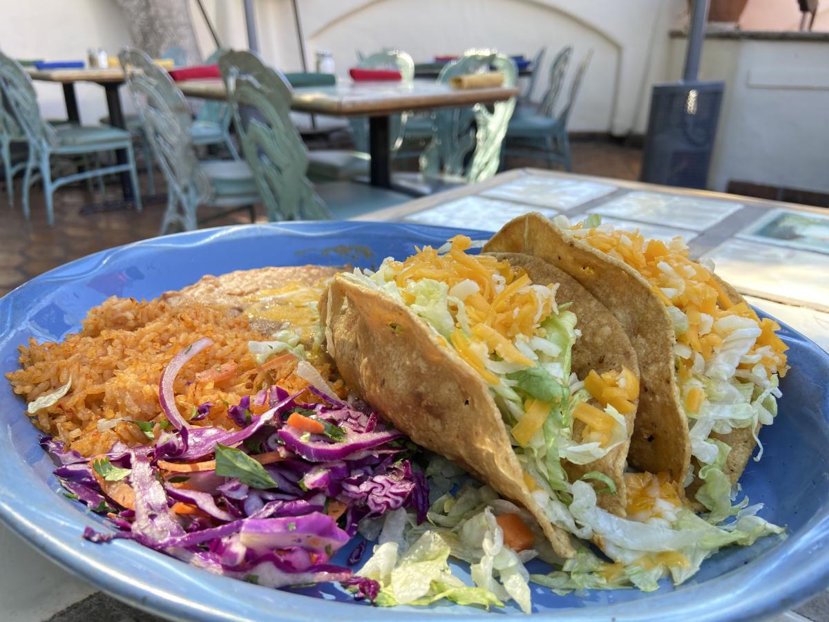 Chicken taco with rice and beans from Las Casuelas Nuevas