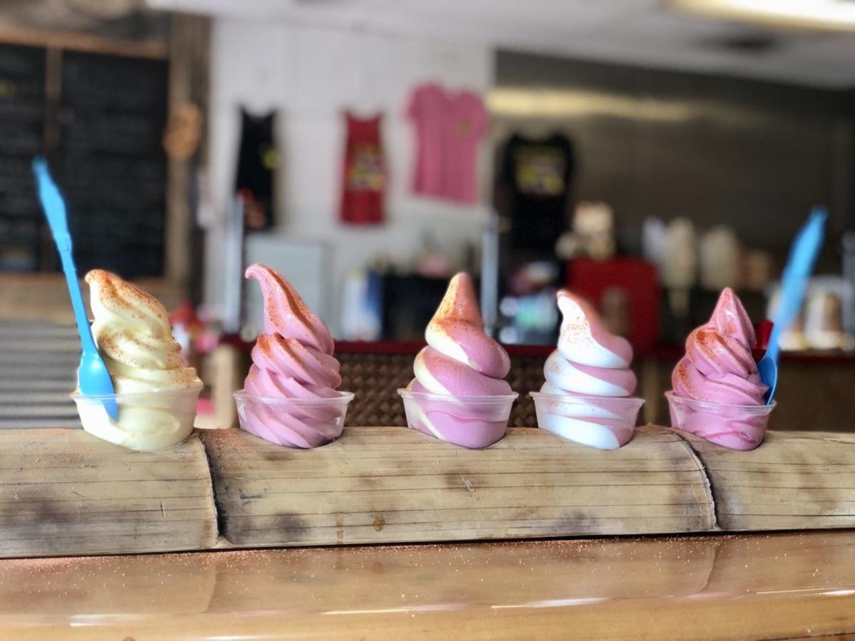 Various flavors of soft served ice cream on display at Hula Girls Shave Ice in Huntington Beach