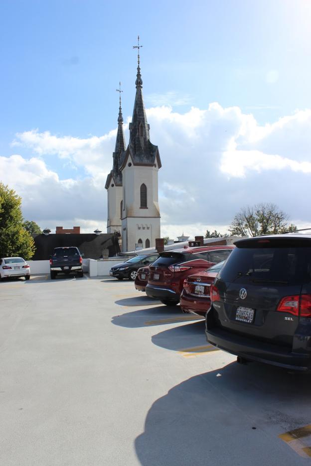 Parking lot with the Twin Spires in Downtown Frederick