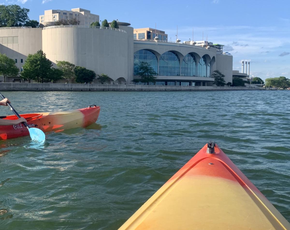 Two kayaks on Lake Monona near Monona Terrace in Madison, WI