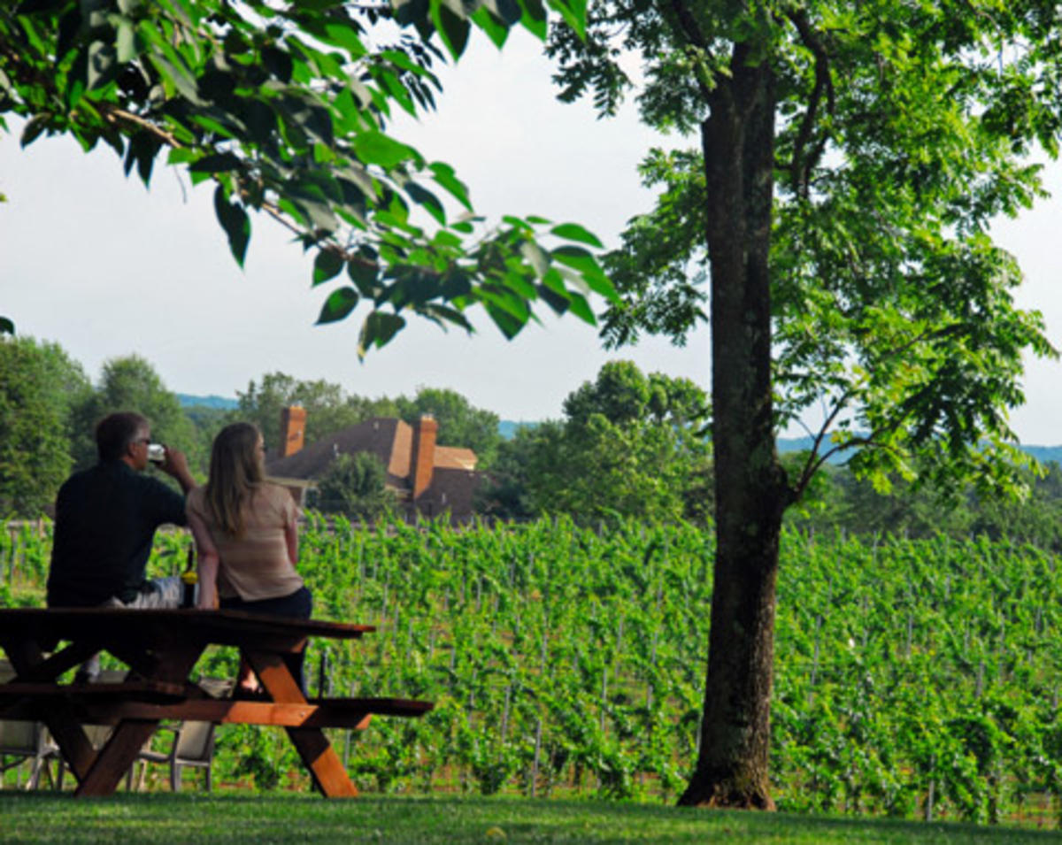 Couple overlooking Winery at La Grange vineyards