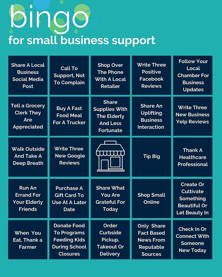 A teal bingo card with navy boxes. Each box has an action someone can take to support a local business.