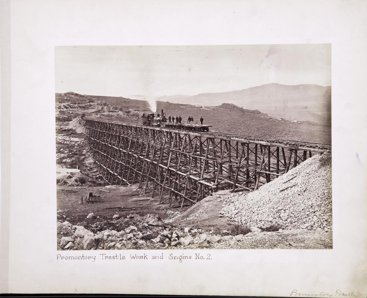 Andrew J. Russell (American, 1829–1902), Promontory Trestle Work and Engine No. 2, 1869, albumen silver print, courtesy Union Pacific Railroad Museum