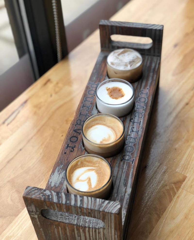 A flight of coffee flavor samples can be found at Virginia Beach's Pour Favor