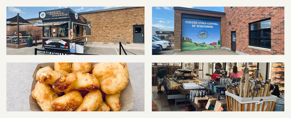 Collage of a food truck, cheese curds and Ellsworth Cooperative Creamery