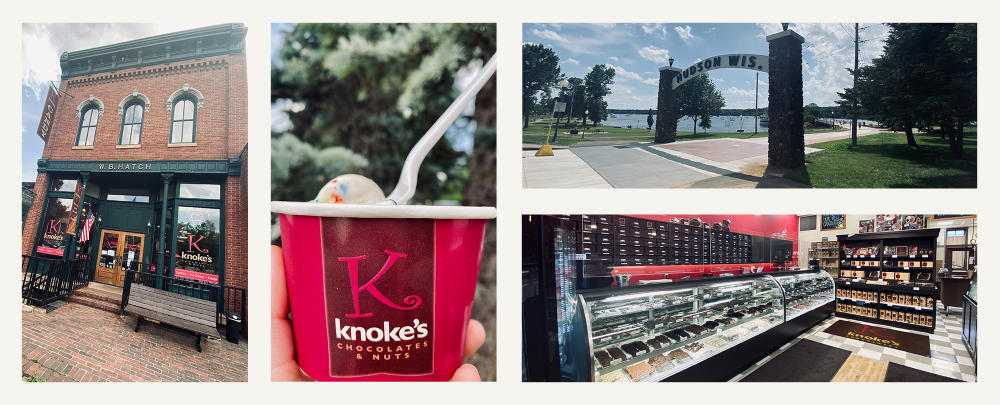 Collage of storefronts, ice cream in Hudson, WI Family Trip