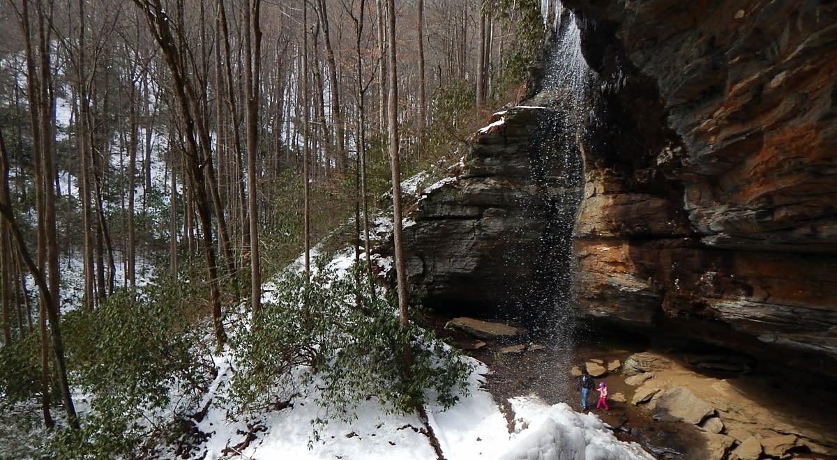 Moore Cove Falls, a popular winter hike near Asheville, N.C.