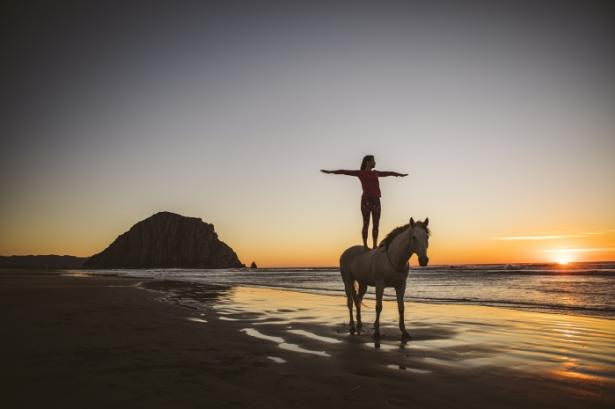Women standing on top of a horse at the beach