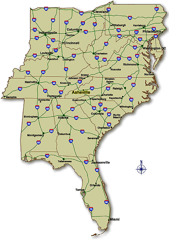 Map of Major Highways in the Southeast United States