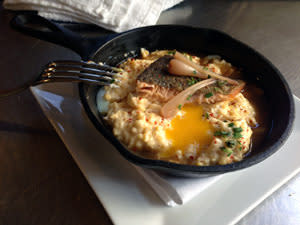 Cast Iron Trout with Smoked Grits and Potlicker Jus Recipe | ExploreAsheville.com