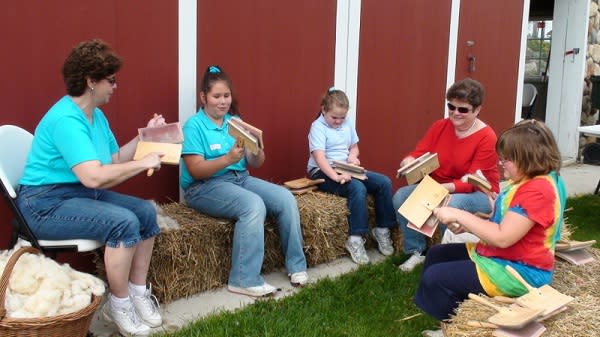 Kids carding wool