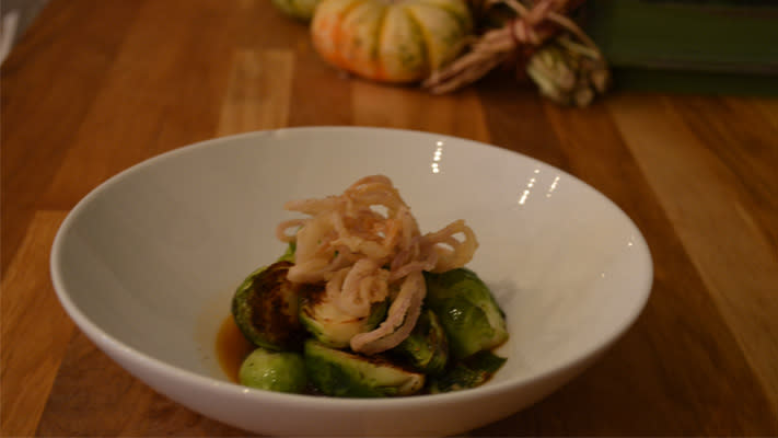 Brussels sprouts with southern-style pot liquor reduction and crispy shallots.