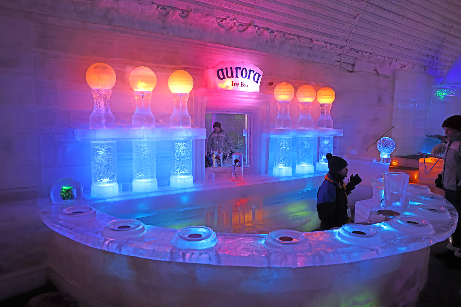 Illuminated ice sculptures inside the Aurora Ice Museum at the Chena Hot Springs Resort in Fairbanks, Alaska