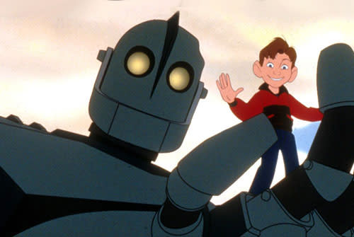 Giant robot with a cartoon boy standing in his hand