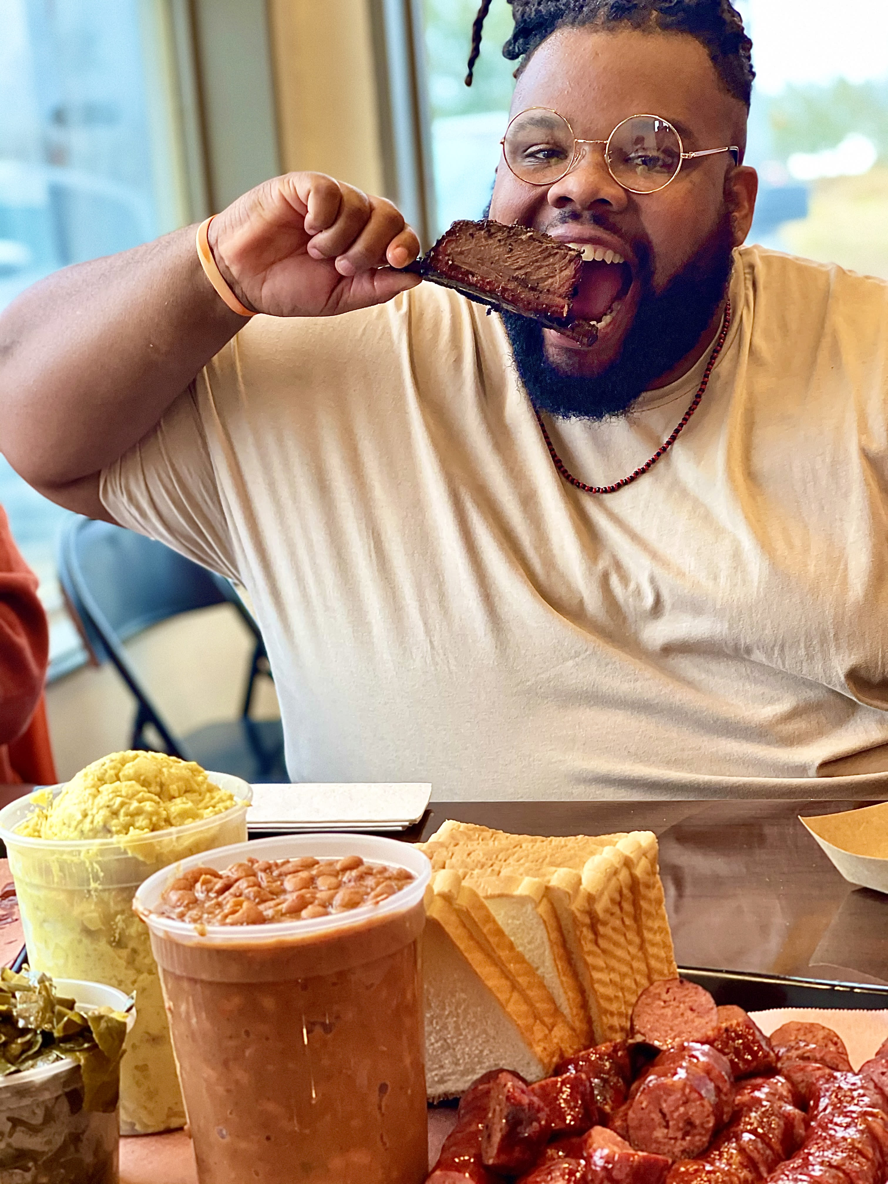 Jeff eating BBQ from 1701 Barbeque