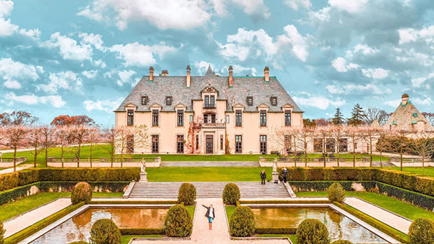 Formal gardens in front of OHEKA CASTLE Hotel and Estate in Long Island, NY.