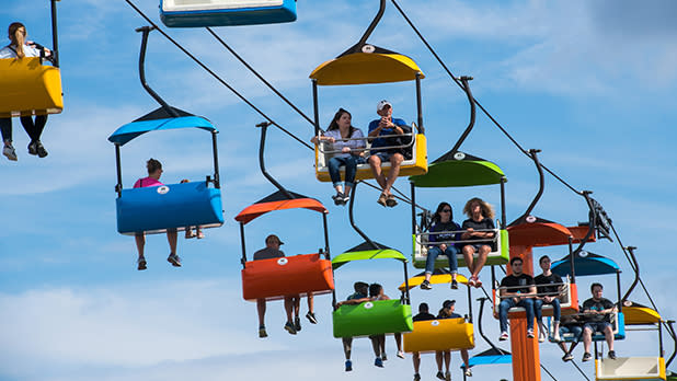 People riding in a skyride at the New York State Fair.