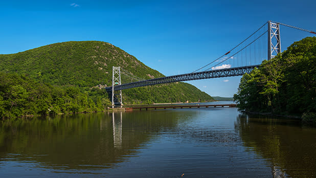 A view of the bear mountain bridge from the hudson river