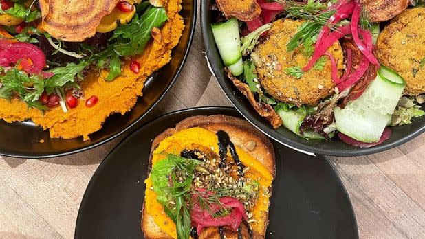 three different colorful vegan dishes
