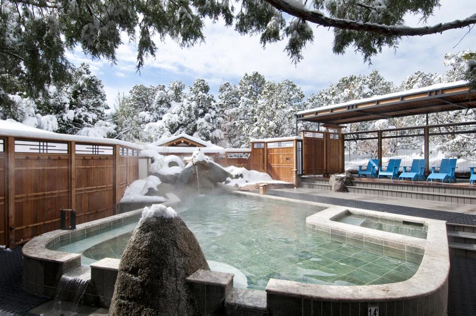 An outdoor pool in the winter at Ten Thousand Waves