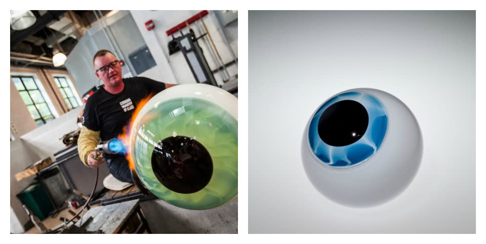 Master Glassblower Sigga Heimis at work + Eye Prototype by Sigga Heimis courtesy of The Corning Museum of Glass