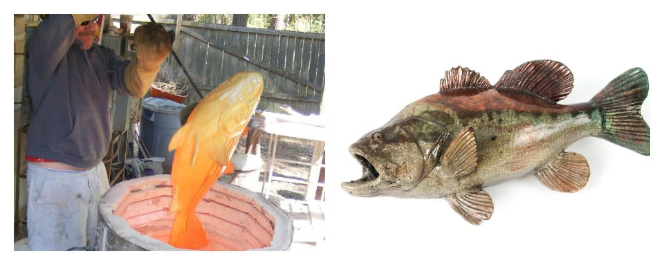Raku Firing (left) at Bennett Clay Fish + Mulone Bass (right) photo by Holly Julien