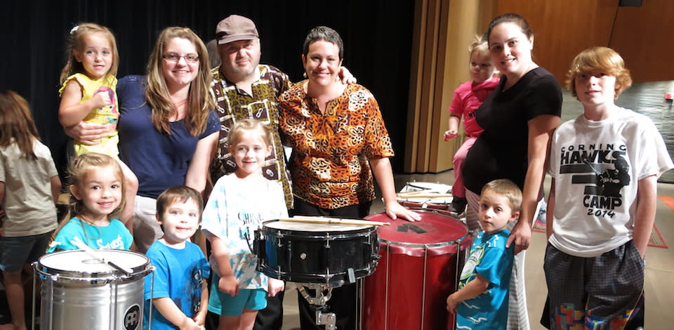 The kids with Gabriel and Tiffany from Diaspora Drumming