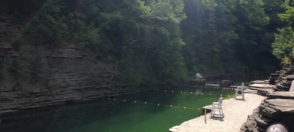 Early morning view of the swimming hole at Stony Brook State Park