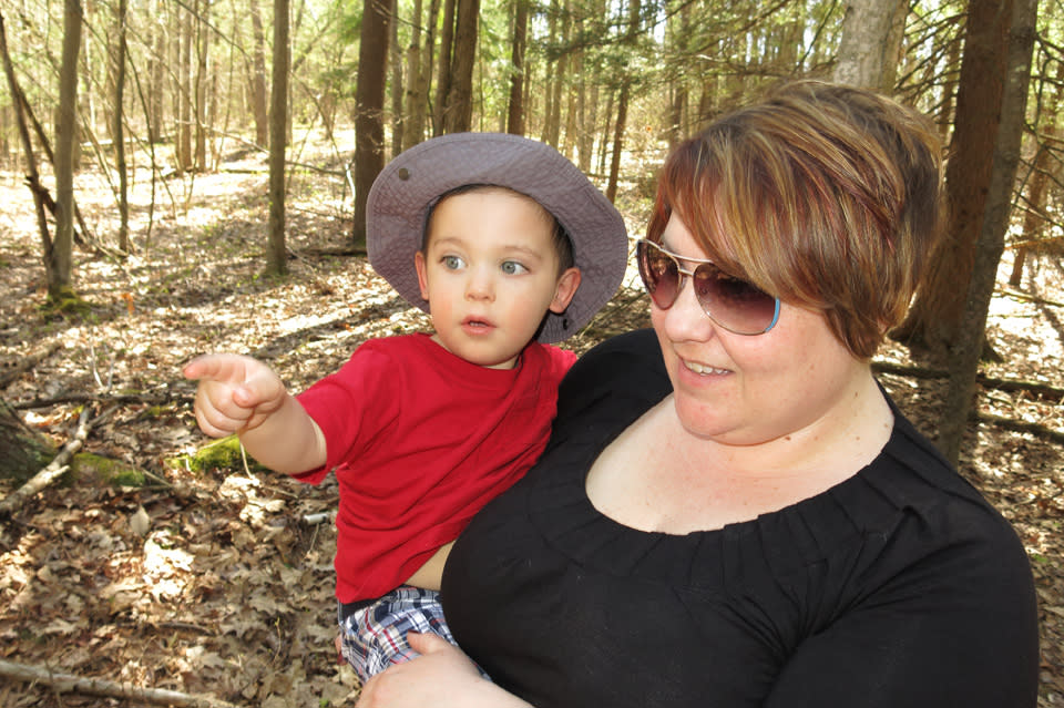 Mom hiking, Baby not hiking at Spencer Crest Nature Center
