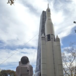 BuzzHuntsville with an inflatable model of the Space Launch System (SLS)