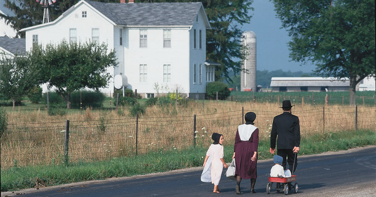 Amish family of four walking together on a road in Elkhart County in front of a white home