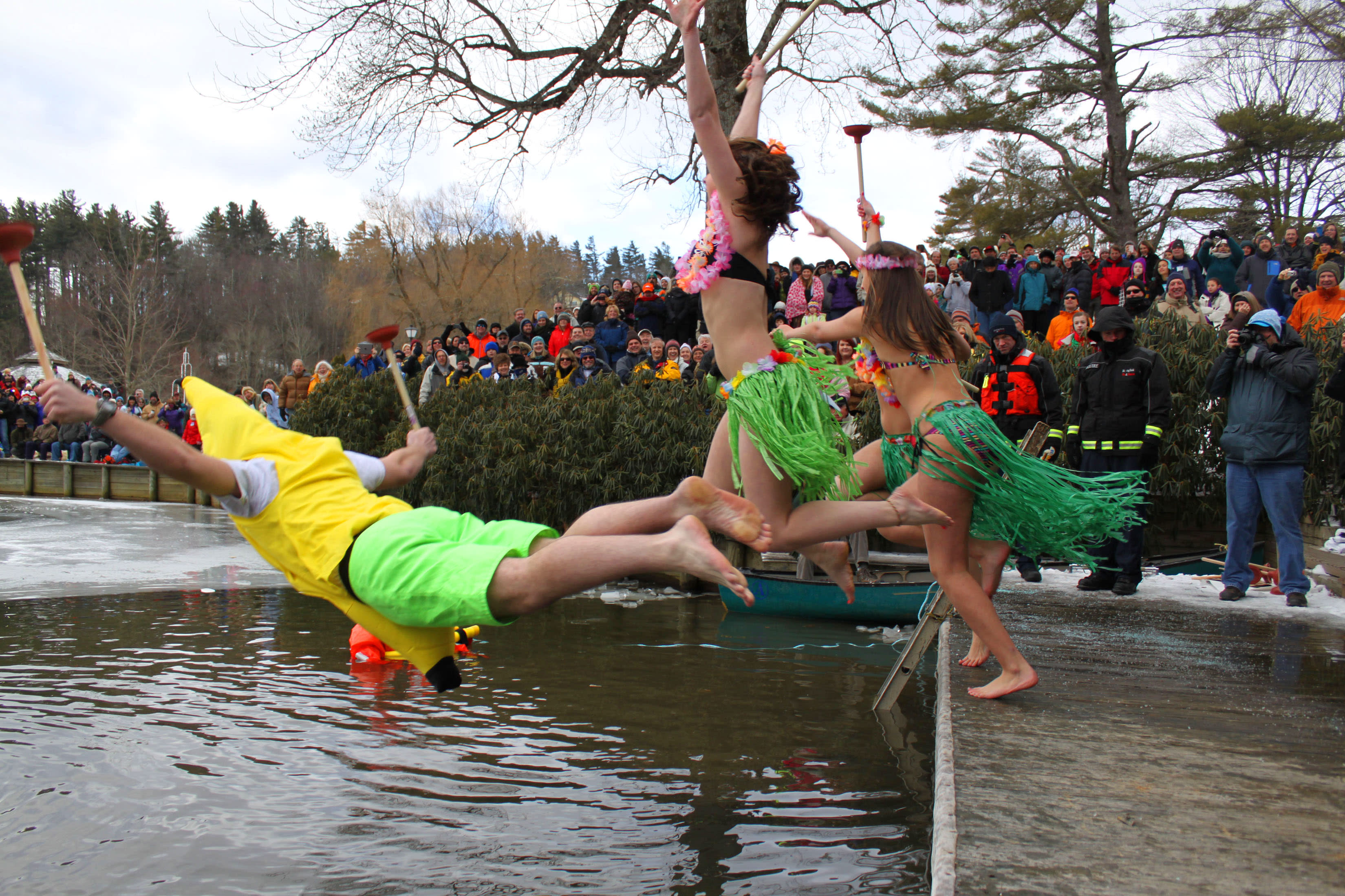 Hardy Polar Plunge participants jump in Chetola Lake