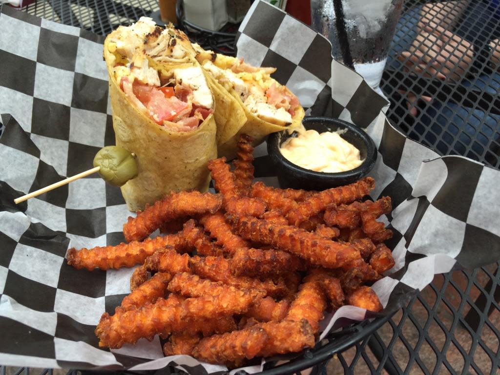 Chicken Wrap and Sweet Potato Fries