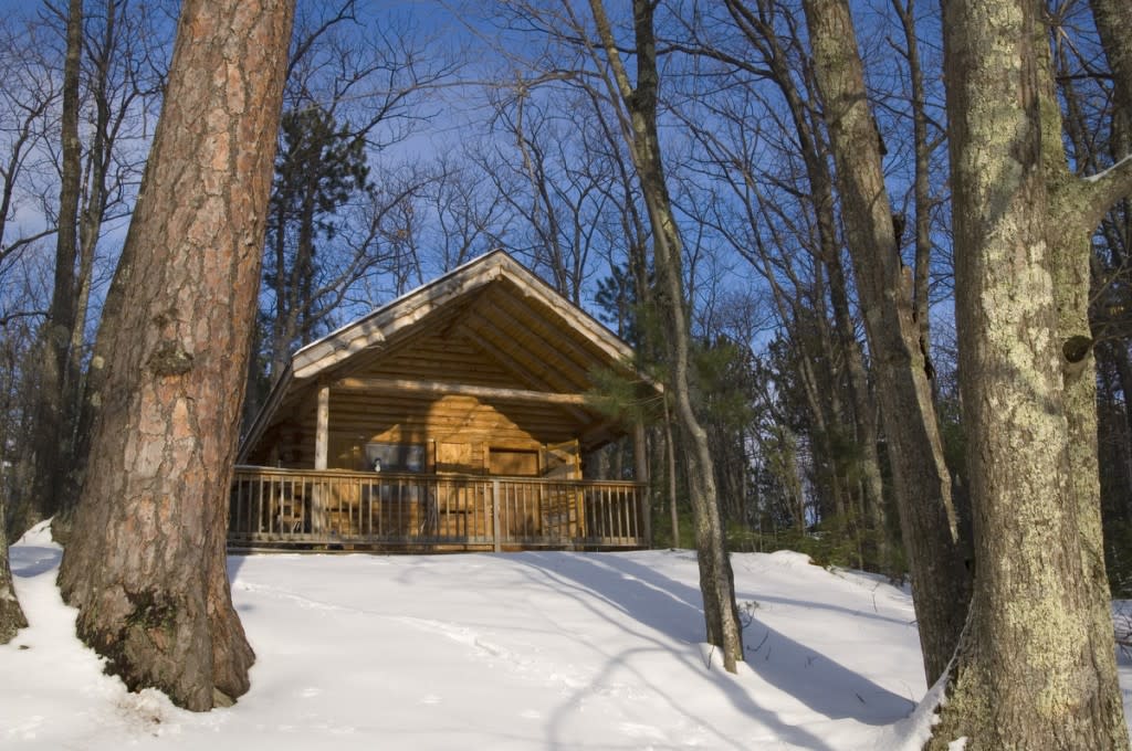 Harlow Lake cabin (number six) on the banks of Harlow Creek in the Escanaba River State Forest near Marquette Michigan.