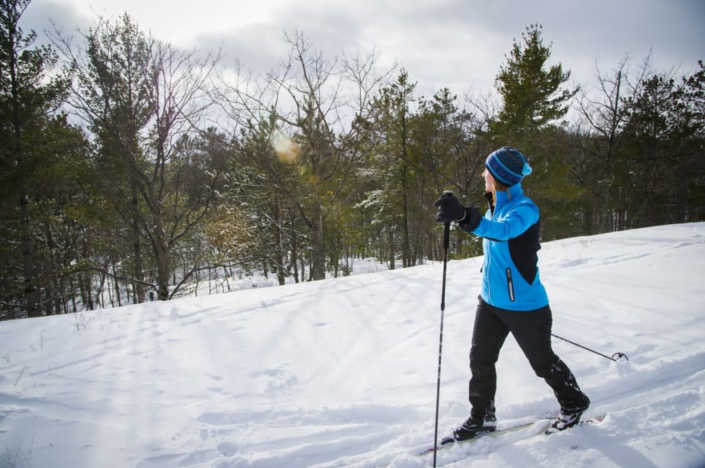 A female skier explores the snow covered woods of the Harlow Lake area near Marquette, Michigan in winter.