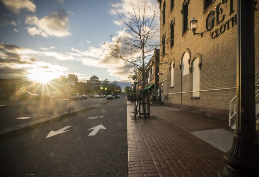 A section of the Iron Ore Heritage Trail and Marquette City Bike Path in downtown Marquette, Michigan.