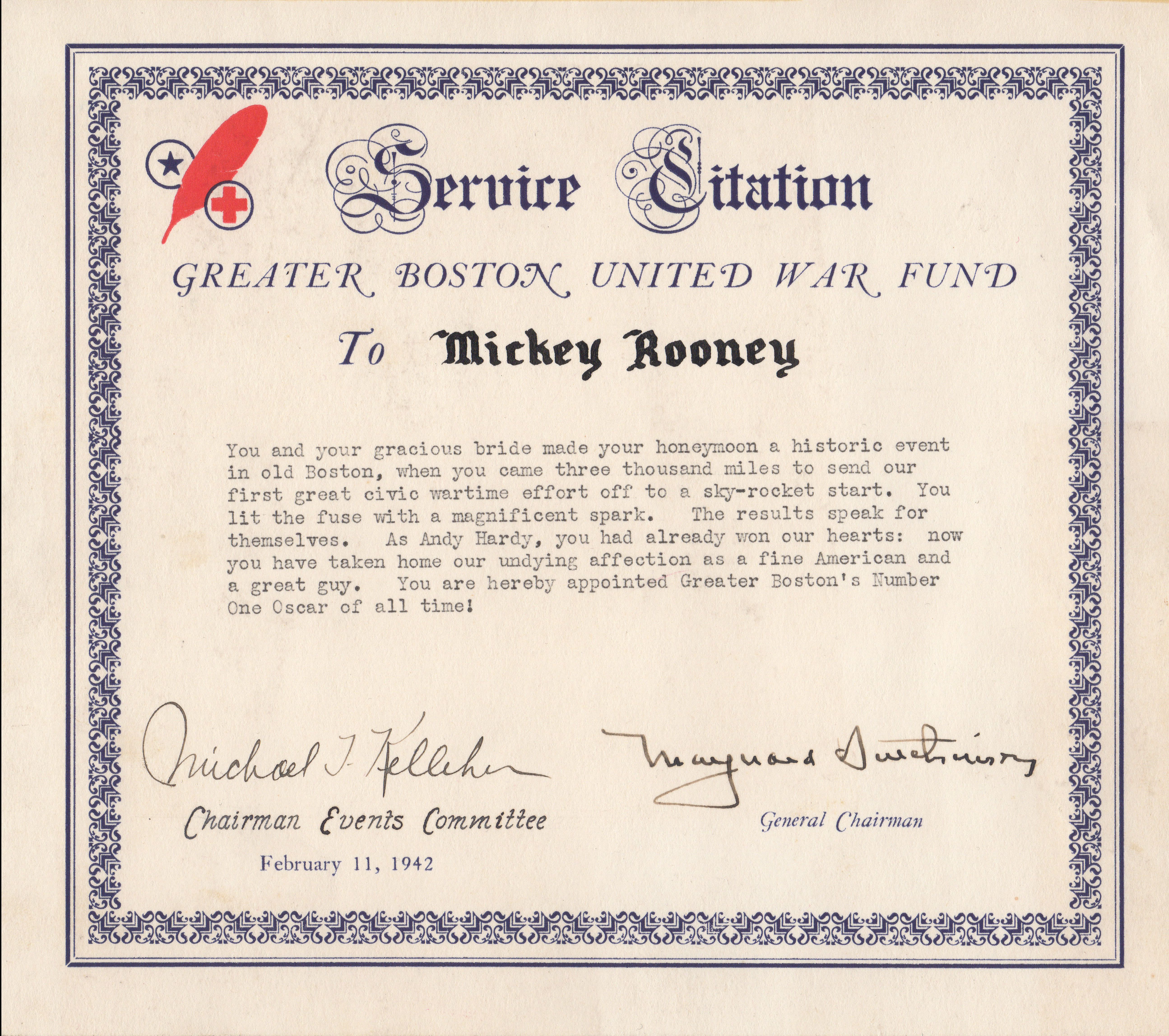 Mickey Rooney United War Certificate