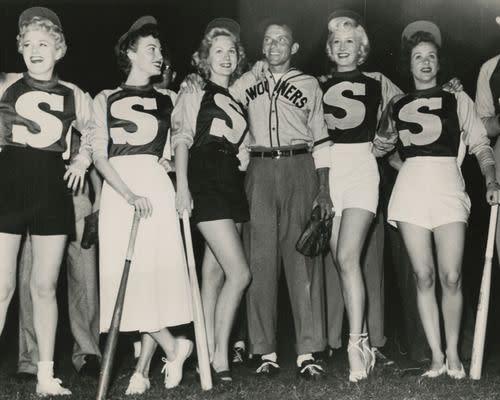 Shelley Winters, Ava Gardner, Virginia Mayo, Frank Sinatra, Marilyn Maxwell and Fran Warren baseball