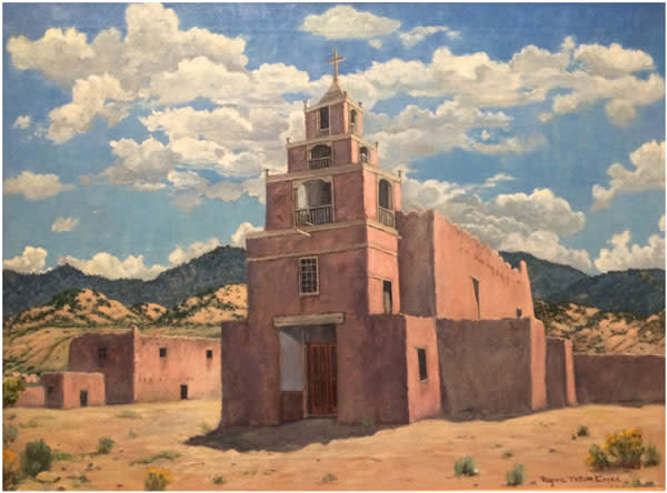 “San Miguel,” this 1941 oil on canvas by Regina Tatum Cooke in the collection of the New Mexico Museum of Art, shows off New Mexico’s unchanging combination of blue sky and adobe.