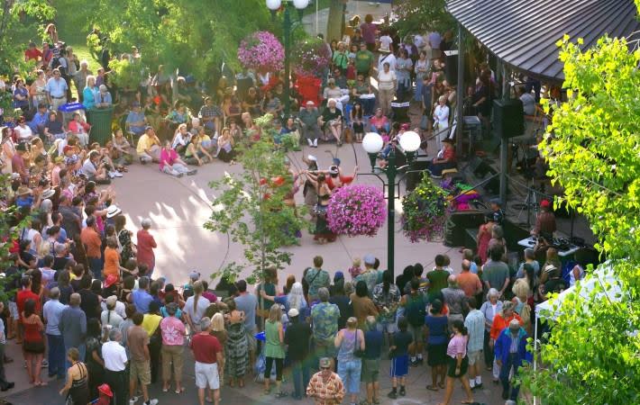 Whether it’s belly-dancers or a blues band, the Santa Fe Plaza Bandstand is alive with movement and free music. (Photo Credit: Santa Fe Bandstand, Outside In Productions)