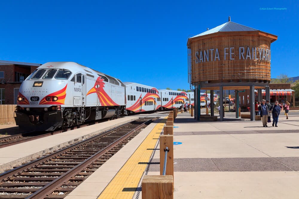 The New Mexico Rail Runner makes its final stop at the Santa Fe Railyard.