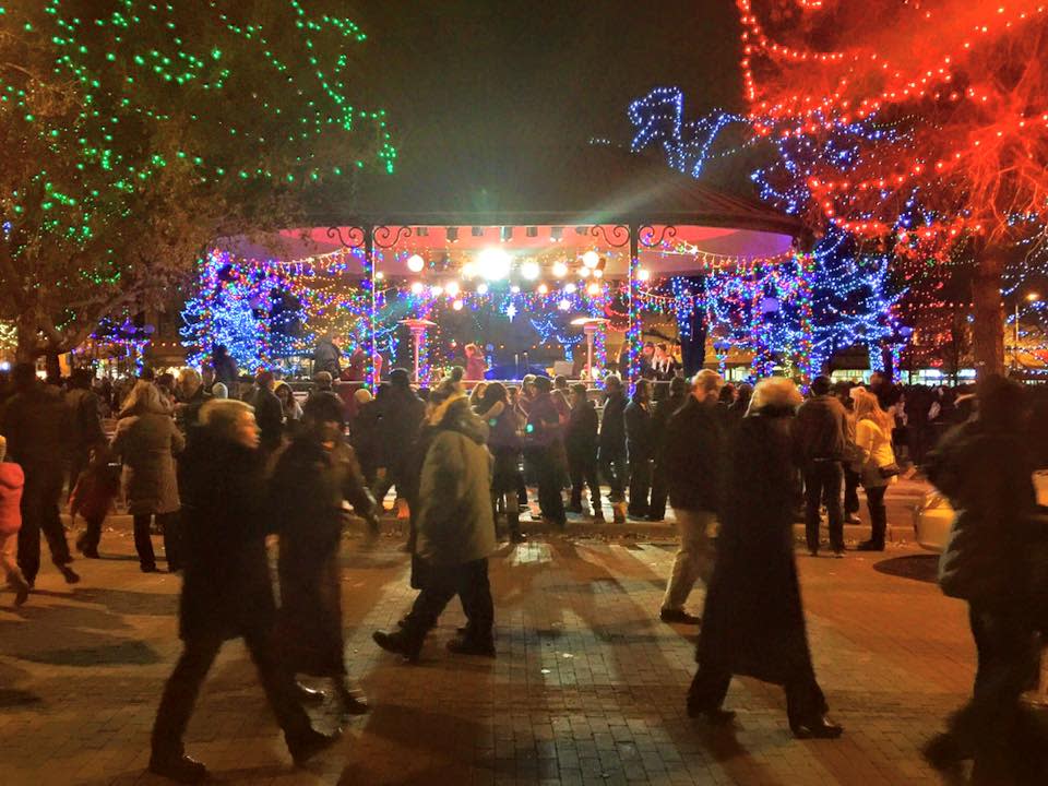 The Santa Fe plaza is transformed into a world of holiday light wonder. (Photo courtesy of TOURISM Santa Fe)