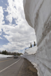 Wyoming Scenic Drives Snowy Range Byway opening early season snowpack