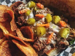 Outdoor dining Italian Beef Sandwich (photo credit Born in a Barn)