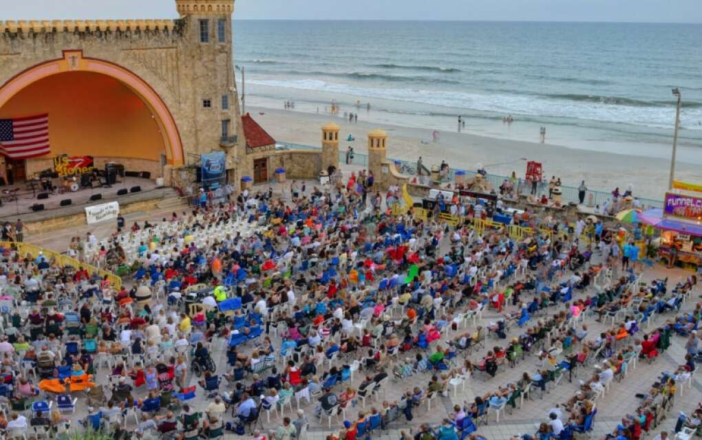 The historic Daytona Beach Bandshell on the Boardwalk hosts concerts, street performers and fireworks. 