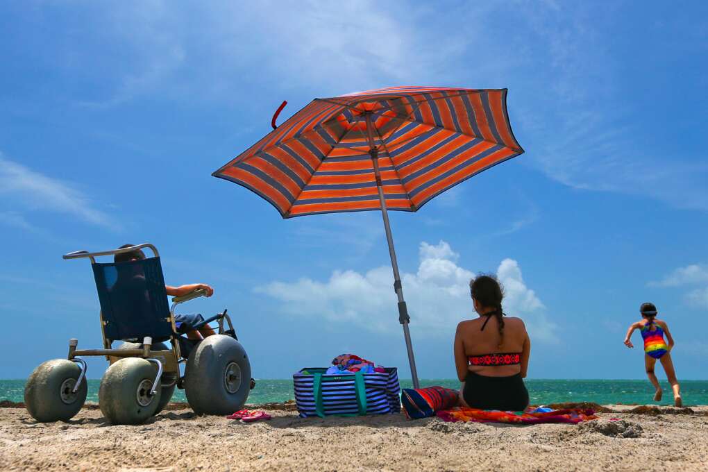 ADA beach wheelchairs usually come in two varieties -- one with elevated leg support and one without -- and some include an umbrella stand and drink holder. 