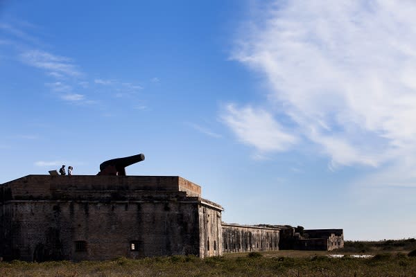 A cannon on top of the building at Fort Pickens